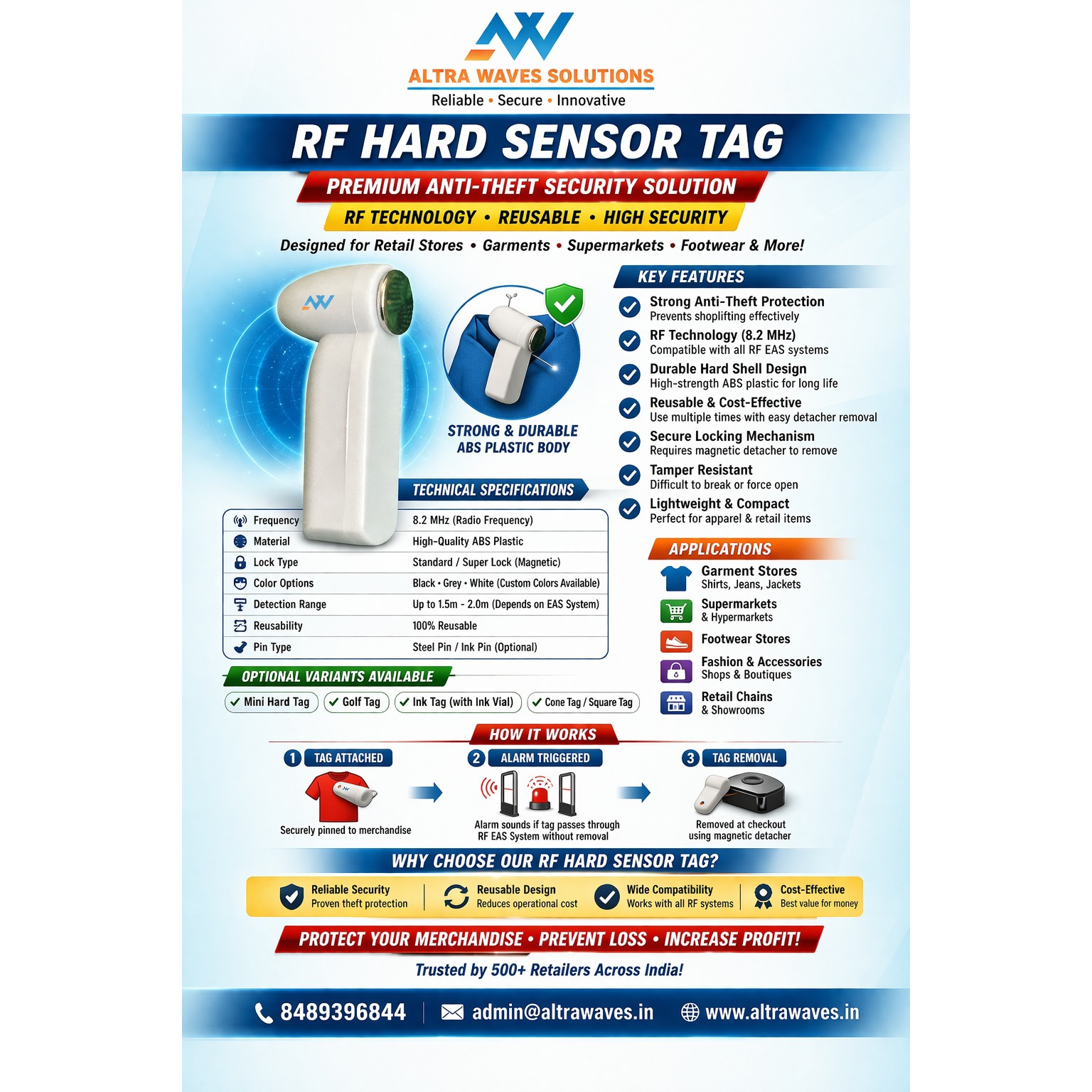 RF hard sensor tag attached to clothing for retail anti-theft security